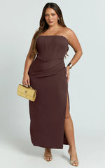 Strapless Draped Side Split Dress in Chocolate