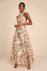 Samana Light Yellow Multi Floral Cross-Front Maxi Dress