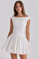 White Cotton Broderie Anglaise Boat Neck Mini Dress