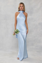 The Vivia Halter Satin Maxi Dress Light Blue