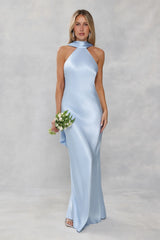The Vivia Halter Satin Maxi Dress Light Blue