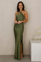 The Delilah Satin Halter Maxi Dress Olive