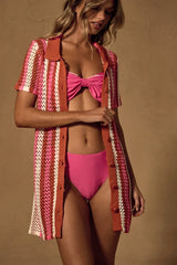 Skylar Pink Multi Striped Crochet Swim Cover-Up