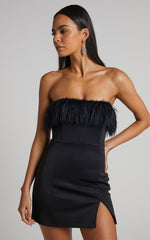 Rhaiza Mini Dress - Faux Feather Trim Strapless Dress in Black