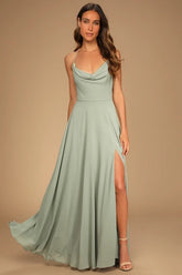 Romantically Speaking Sage Green Cowl Lace-Up Maxi Dress