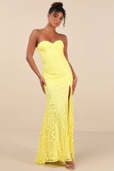 Romantic Beauty Yellow Floral Embroidered Strapless Maxi Dress