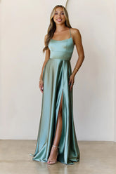 Soaked In Beauty Satin Maxi Dress Sage
