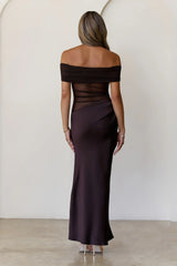 Veiled Whispers Off Shoulder Maxi Dress Brown