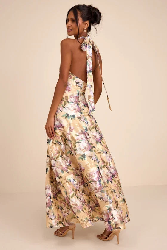 Samana Light Yellow Multi Floral Cross-Front Maxi Dress