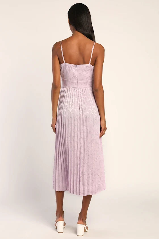 Regal Romance Lavender Floral Jacquard Pleated Satin Midi Dress