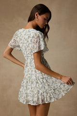 So True White Floral Print Tiered Short Sleeve Mini Dress