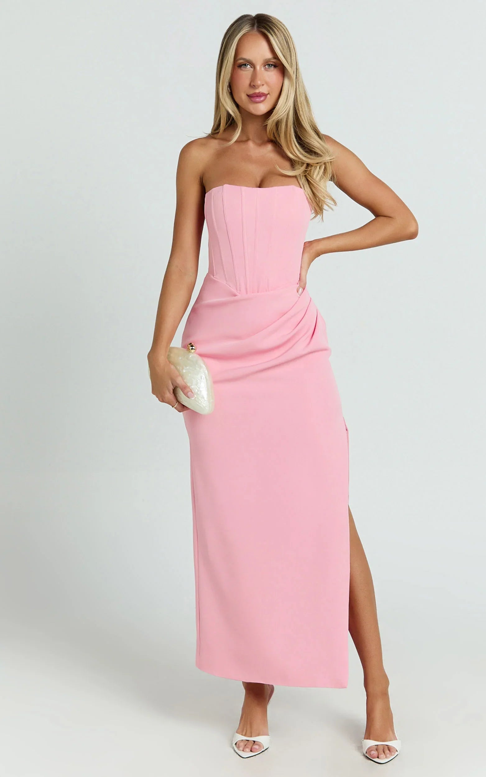 Strapless Draped Side Split Dress in Pink
