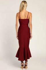 Stun Like Me Wine Red Bodycon Trumpet Hem Midi Dress