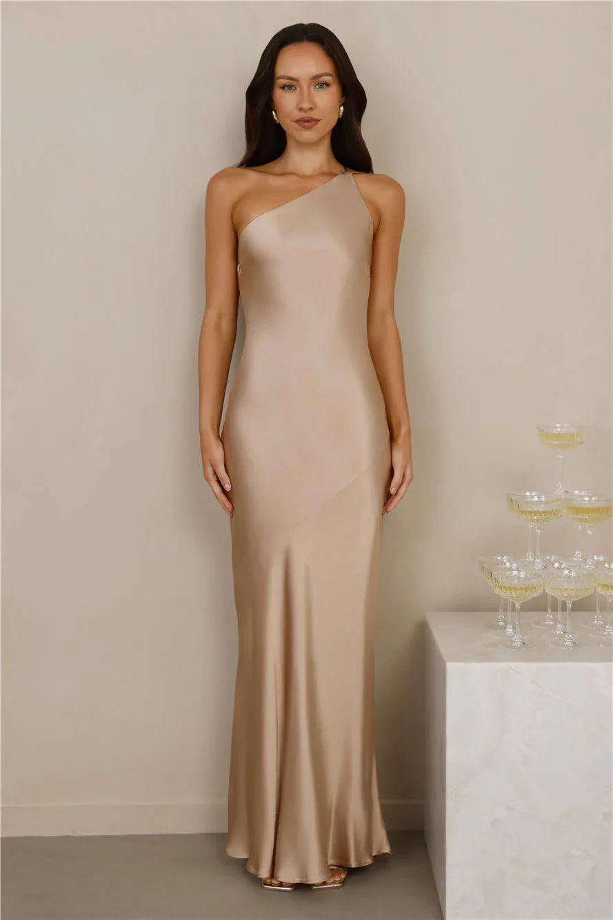 The Evangeline One Shoulder Satin Maxi Dress Champagne